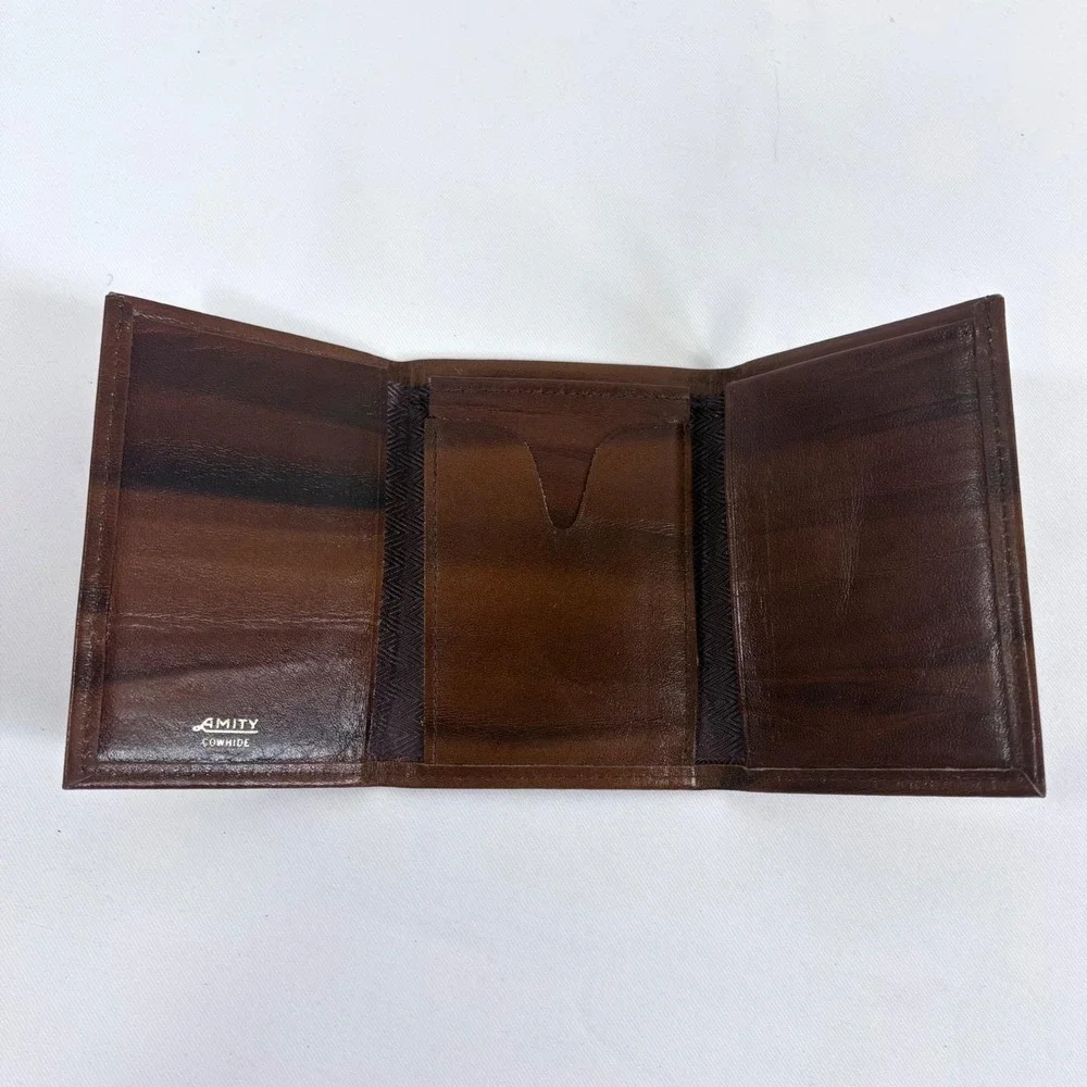 Amity Trifold Wallet Brown Cowhide Leather Striped Patina Herringbone Lining VTG